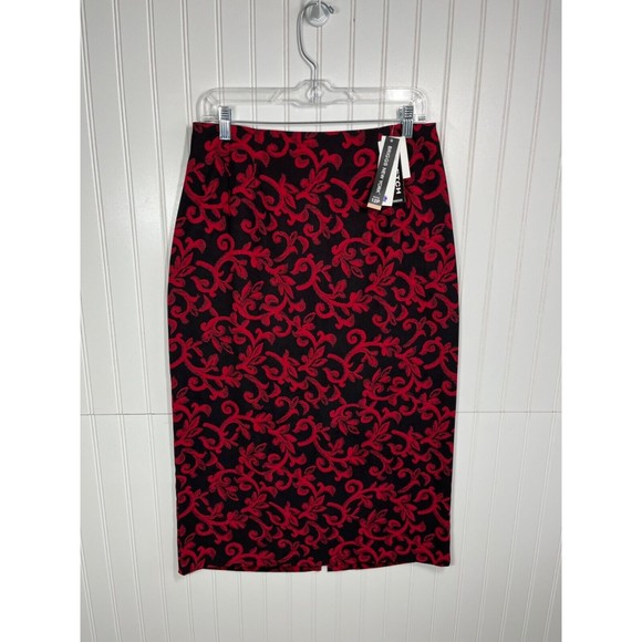 Briggs New York Dark Red Black Print Maxi Skirt Slit in the Back Size 12 Petite - Picture 1 of 13